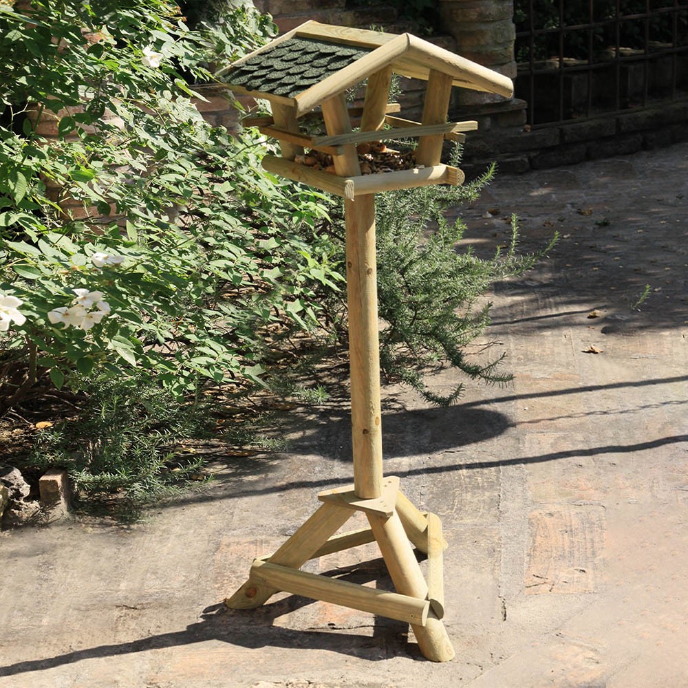 Wood wild bird feeder with pedestal Happiness