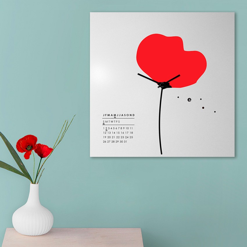 Square Wall Clock with Calendar, Modern Poppy Flower Design Promotion