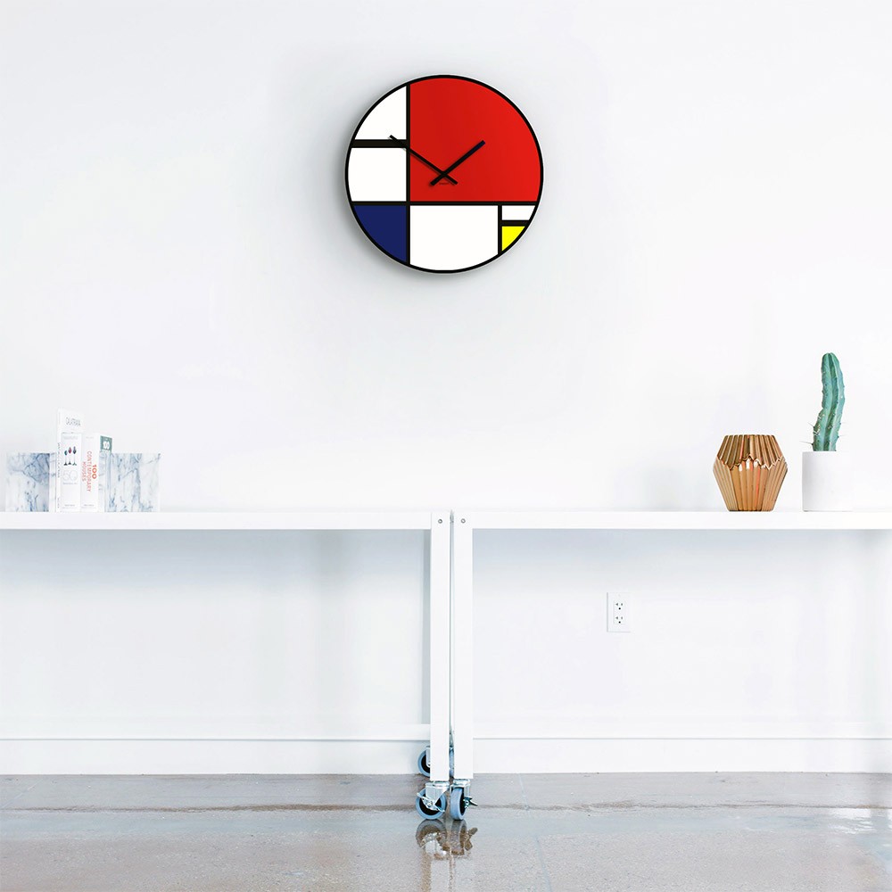 Round modern contemporary art design wall clock Mondrian