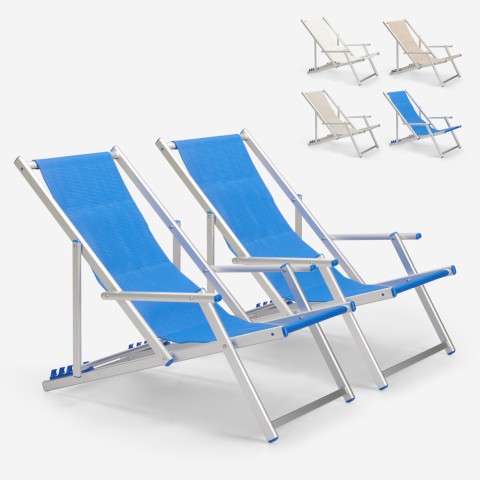 2 Deck chairs beach beach armrests aluminium folding Riccione Gold Lux Promotion