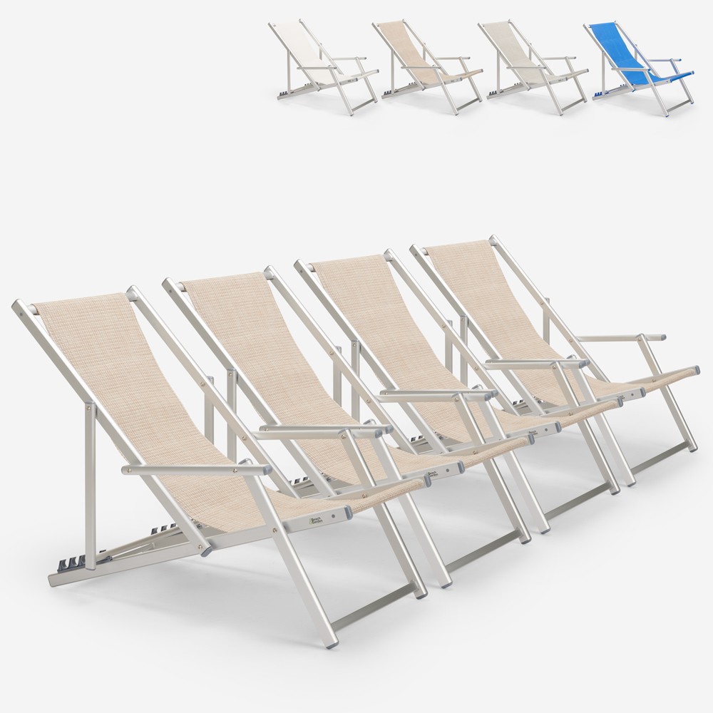 4 Deck chairs beach beach armrests aluminium folding Riccione Gold Lux