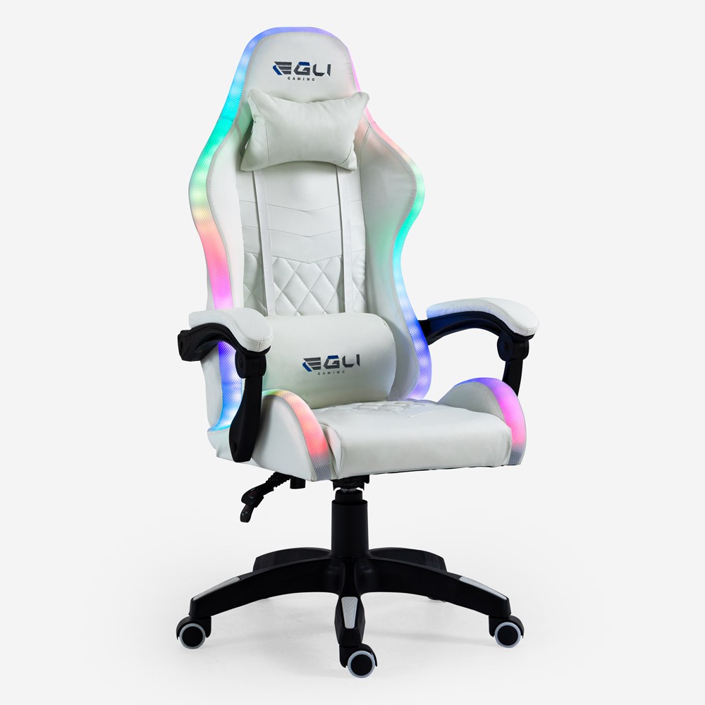 White Gaming Chair with LED, Reclining Ergonomic Design, Pixy Cushion